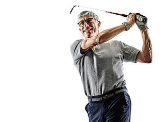 one caucasian senior man golfer golfing  in studio shadow silhouette isolated on white background