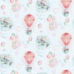Behang Hand tekenen vliegen schattige paashaas aquarel cartoon konijntjes met vliegtuig en ballon in de lucht textiel patroon. Turkoois aquarel textiel illustratie decoratie © kris_art