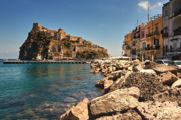 Fototapeta na wymiar Aragonese Castle, Ischia island tourist resort in Naples bay. Italy