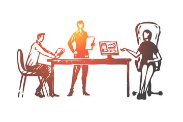 Colleagues, office, discussion, social, network concept. Hand drawn isolated vector.