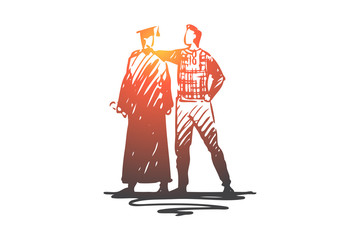 Father, son, student, university, graduation concept. Hand drawn isolated vector.