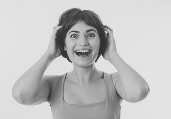 Close up portrait of surprised and happy woman celebrating victory and good news