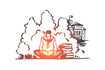 Student, man, book, reading, park concept. Hand drawn isolated vector.