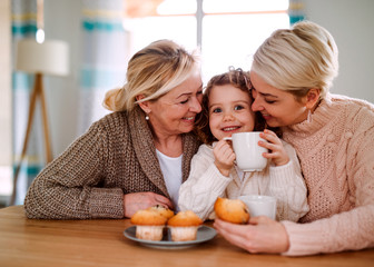 A portrait of small girl with mother and grandmother at the table at home.