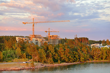 View of new districts of Mariehamn. Aland capital in evening at sunset