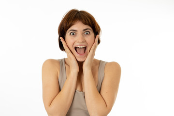 Close up portrait of surprised and happy woman celebrating victory and good news