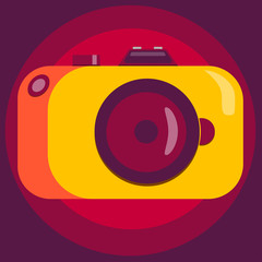 Stylish camera in yellow-orange colors. Vector illustration. Creative concept of a digital SLR camera in a flat style. Vector graphics.