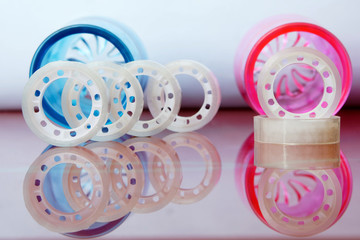 Scotch for dispenser on a red background. Capacities for storage of adhesive tape. Items for office work