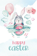 Hand drawing fly cute easter pilot bunny watercolor cartoon bunnies with airplane in the sky. Turquoise watercolour animal rabbit flying art flight illustration