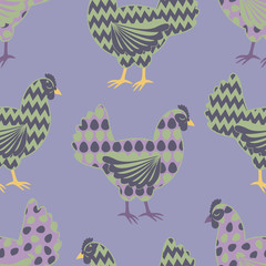 Dreamy chickens Easter egg hunt seamless pattern in pastel green and purple