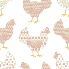 Dreamy chickens Easter egg hunt seamless pattern in pastel pink and beige