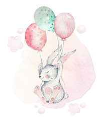 Hand getekende aquarel vrolijk pasen set met konijntjes ontwerp. Konijn ballon vliegen, geïsoleerde boho illustratie op wit. Schattige baby konijntje konijn illustratie voor kinderdagverblijf ontwerp