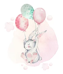 Keuken foto achterwand Schattige konijntjes Hand getekende aquarel vrolijk pasen set met konijntjes ontwerp. Konijn ballon vliegen, geïsoleerde boho illustratie op wit. Schattige baby konijntje konijn illustratie voor kinderdagverblijf ontwerp