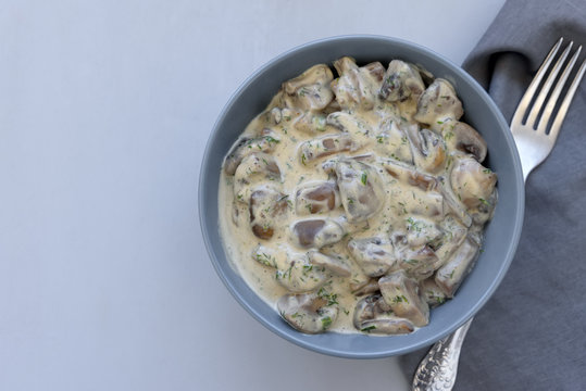 Curry mushrooms with creamy sauce on gray wooden background. Healthy eating or vegetarian concept. Copy space. Top view