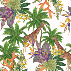 Watercolor painting seamless pattern with giraffe and palm trees