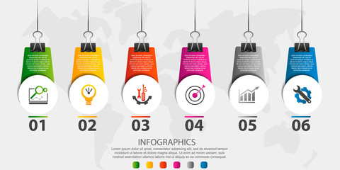 Modern 3D vector illustration. Infographic circles template with six elements, icons, clips. Step by step designed for business, presentations, web design, interface, workflow, diagrams with 6 step