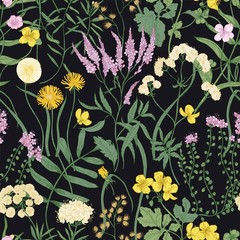 Fototapeta na wymiar Botanical seamless pattern with flowering perennial plants. Natural backdrop with blooming wild meadow flowers on black background. Realistic floral vector illustration for wallpaper, fabric print.
