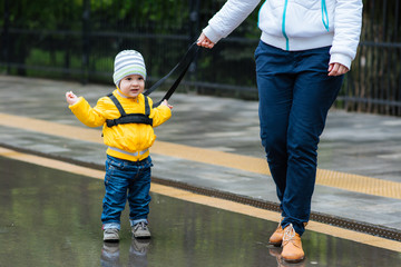 Obraz premium Mom insures her child during a walk