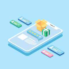 isometric smartphone rating star bubble speeches,ecommerce application vector. Customer reviews. Review rating on mobile phone, feedback vector illustration. Reading customer review in smart phone.