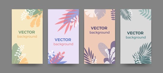 Floral banners and cards, abstract background. Vector set of flower nature background, leaves and plants in vintage colors. Social media stories wallpapers in minimal style with copy space for text