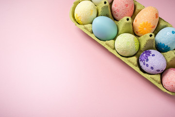 Easter eggs on a beautiful pink background. 2019. Easter card. Space for text. Happy easter.
