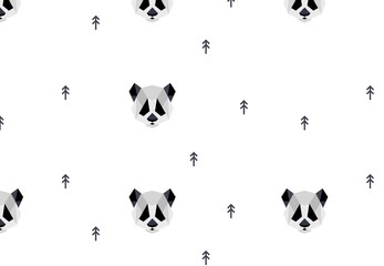 Fototapeta premium Seamless panda head geometric pattern. Animal portrait with trees on white background. Vector low poly illustration of pandas in polygonal style