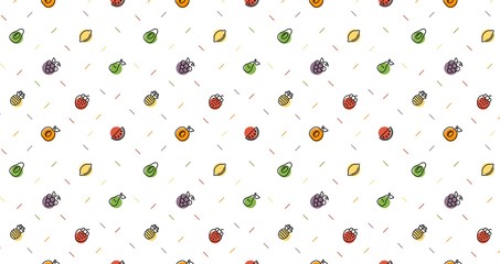 Seamless colorful summer fruits pattern. Template for fashion prints, background, wrapping paper, fabric, surface design. Vector decorative illustration of tropical fruits in memphis style