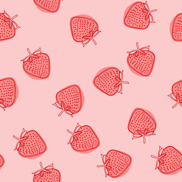 Vector food illustration with strawberry. Doodle hand drawnstrawberry seamless pattern on white background. Background for gift wrapping paper, fabric, clothes, textile, surface textures, scrapbook.