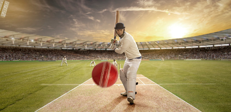 A sportsman playing cricket in the stadium as viewers cheer on	