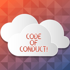 Handwriting text writing Code Of Conduct. Conceptual photo Follow principles and standards for business integrity Blank White Fluffy Clouds Cut Out of Board Floating on Top of Each Other