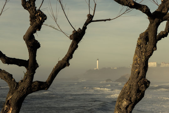 Faro y playa con olas en Biarritz