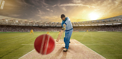 Young sportsman hitting the ball while batting in the cricket field
