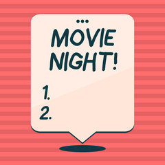 Fototapeta na wymiar Writing note showing Movie Night. Business concept for tells story and that showing watch on screen or television White Speech Balloon Floating with Three Punched Hole on Top