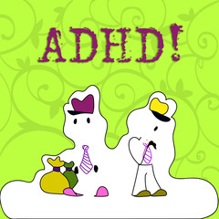 Conceptual hand writing showing Adhd. Concept meaning Learning made easier for children teaching no more a difficult task Figure of Two Men Standing with Pouch Bag White Snow Effect