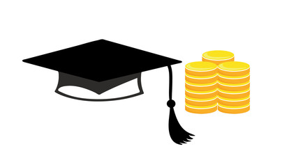 University or college fees, costs or debt- vector image of a mortar board and coins