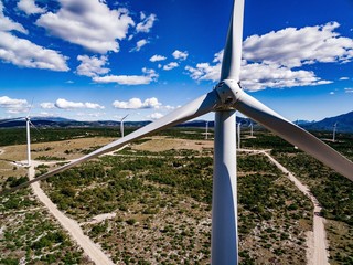 Wind turbines or windmills in desert landscape in Croatia