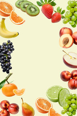 Composition with a large variety of different fruits around the edges of the frame. Place for text in the middle. Saturated colors. Light yellow background.