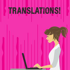 Text sign showing Translations. Business photo text Written or printed process of translating words text voice photo of Young Busy Woman Sitting Side View and Working on her Laptop