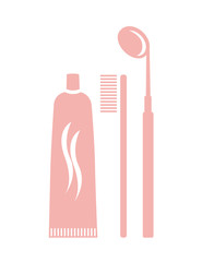 Flat vector image of a toothbrush, toothpaste and mirror - dental care - brushing, check-ups and hygiene 