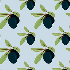 Seamless pattern with a sprig of olive. Background design for olive oil, natural cosmetics. Best for wrapping paper. Pattern of olives with leaves for your design, packing, leaflets, signboards.
