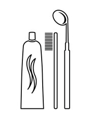 Outline vector image of a toothbrush, toothpaste and mirror - dental care - brushing, check-ups and hygiene