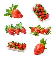 Strawberry composition. One berry, in the package and a bunch of berries. White isolated background. Saturated colors.