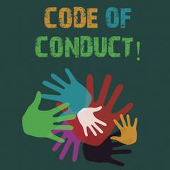 Conceptual hand writing showing Code Of Conduct. Concept meaning Follow principles and standards for business integrity Hand Marks of Different Sizes for Teamwork and Creativity