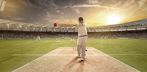 Young sportsman hitting the ball while batting in the cricket field	