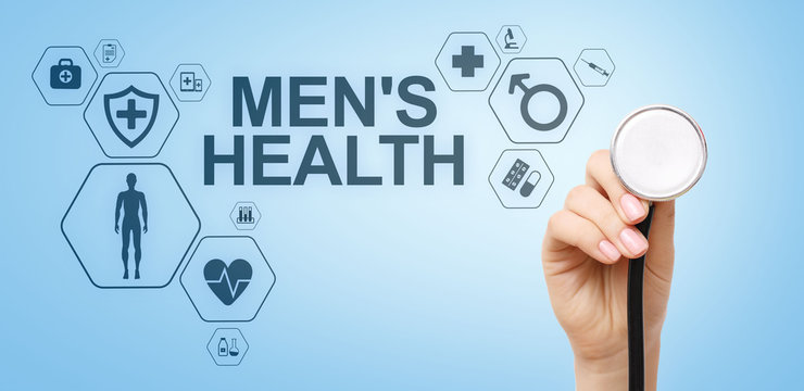 Mens Health banner, medical and health care concept on screen. Doctor with stethoscope.