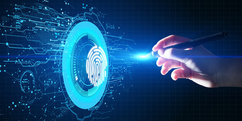 Fingerprint scan provides security access with biometrics identification. Business Technology...