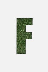 top view of cut out F letter on green grass background isolated on white