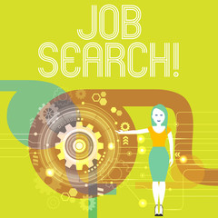 Handwriting text writing Job Search. Conceptual photo act of looking for employment due to unemployment underemployment Woman Standing and Presenting the SEO Process with Cog Wheel Gear inside