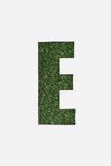 top view of cut out E letter on green grass background isolated on white