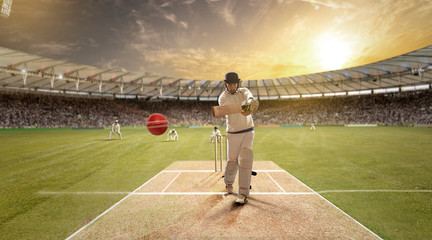 Young sportsman strikes the ball while batting in the cricket field	